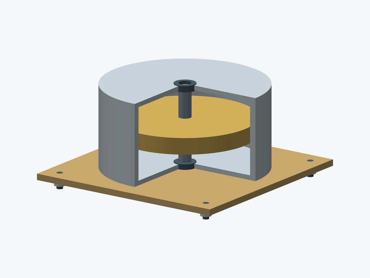 Sectioned reaction-wheel reference CAD showing the rotor, housing, shaft, and support plate.