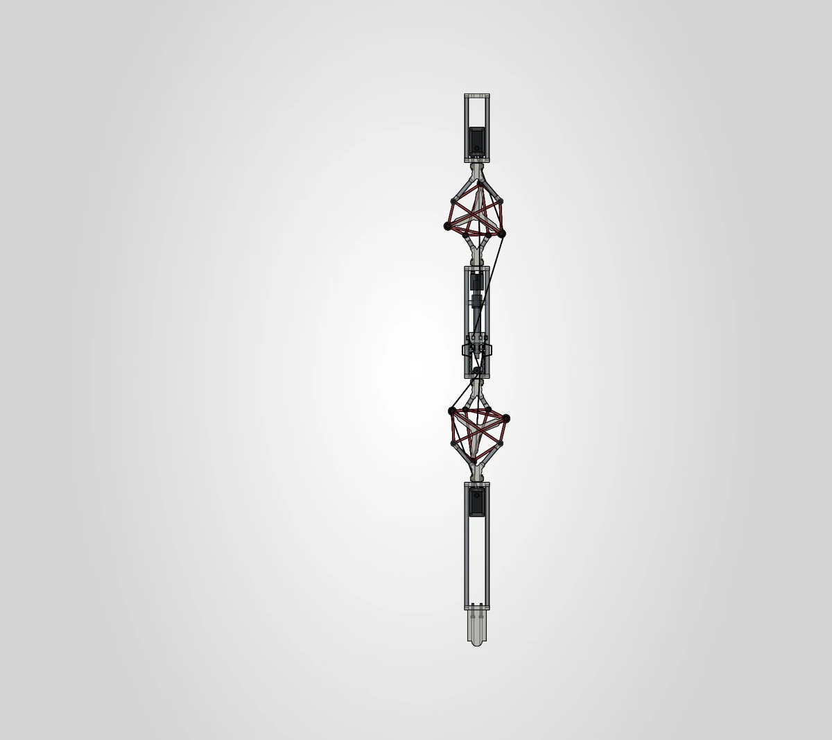 Native SolidWorks view of the full tensegrity leg study, showing the joint within the surrounding assembly.